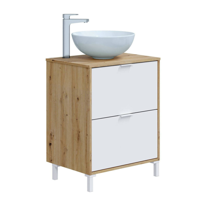 Mobile sottolavabo Lisbona, Mobiletto da bagno, Contenitore porta lavabo, Armadio per lavandino, 61x46 h79 cm, Rovere Nodi e Bianco lucido