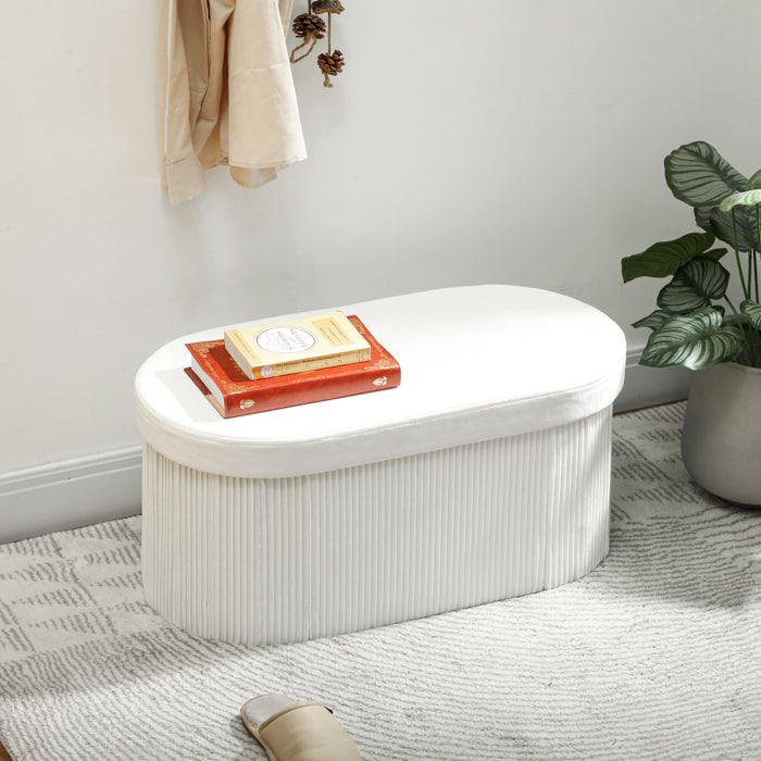 Puff Almacenaje, Banco Almacenaje Plegable, 72 L, 76x38x35 cm, Tapizado en Terciopelo, Baúl de Almacenamiento, Carga 120 kg, Taburete para Sala de Estar, Dormitorio, Entrada, Crema