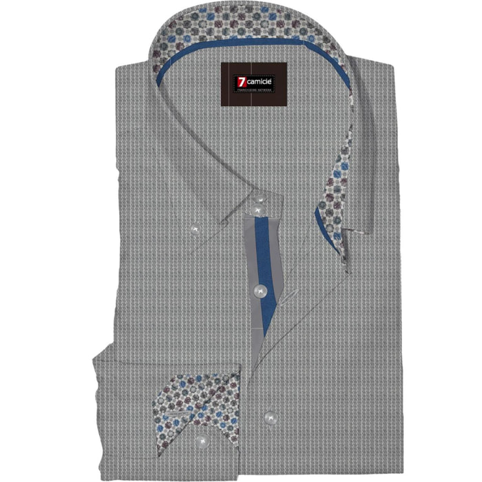 Camicia Uomo 2 Bottoni Button Down Slim Armaturato Fantasia Grigio/Bianco