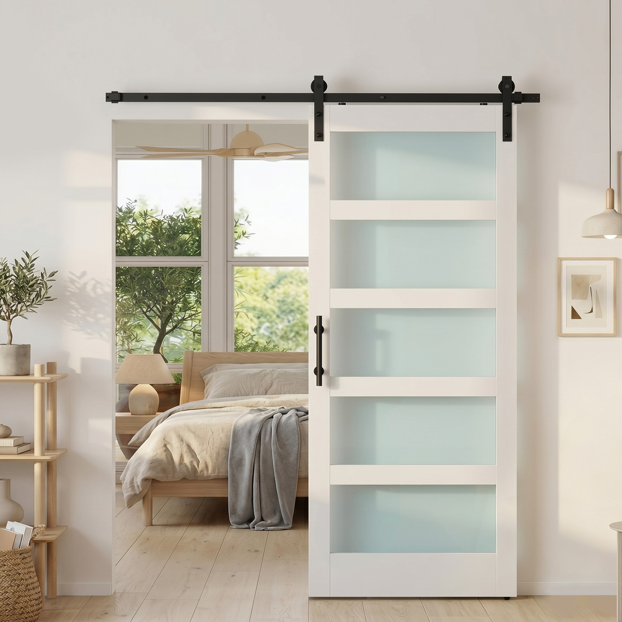 Puerta Corredera con Herrajes 91x213 cm, Puerta Corredera Interior de MDF y Vidrio Esmerilado con Rodillo, Riel, Guía de Suelo, para Baño, Salón, Sala de Estar, Blanco