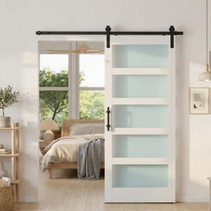 Puerta Corredera con Herrajes 91x213 cm, Puerta Corredera Interior de MDF y Vidrio Esmerilado con Rodillo, Riel, Guía de Suelo, para Baño, Salón, Sala de Estar, Blanco