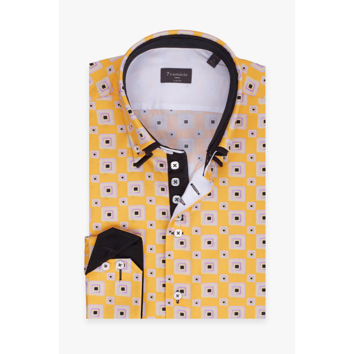Camicia Uomo 2 Bottoni Button Down 7bottoni Doppio Coll Popeline Stampato giallo e lilla