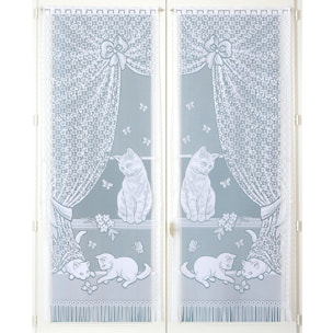 Paire de petits voilages dentelle chatons et franges - Blanc