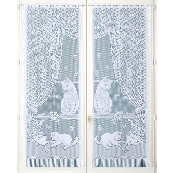 Paire de petits voilages dentelle chatons et franges - Blanc