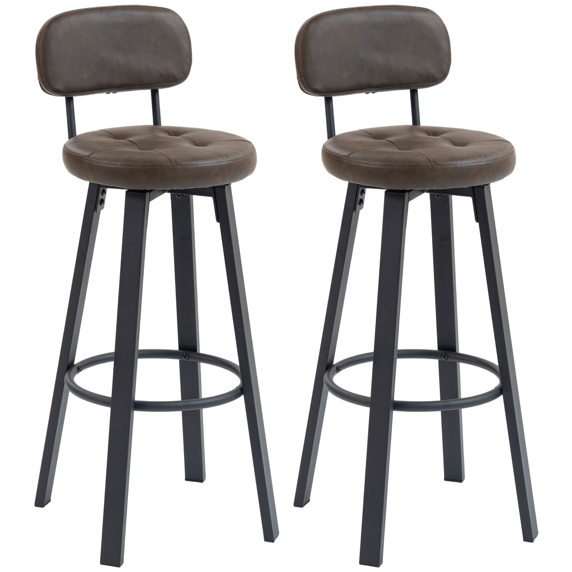 Juego de 2 Taburetes de Bar, Taburetes Altos de Cocina Giratorios, Tapizados de PU, con Respaldo, Marco de Metal, Reposapiés, Asiento de 76,5 cm de Altura, Marrón Oscuro