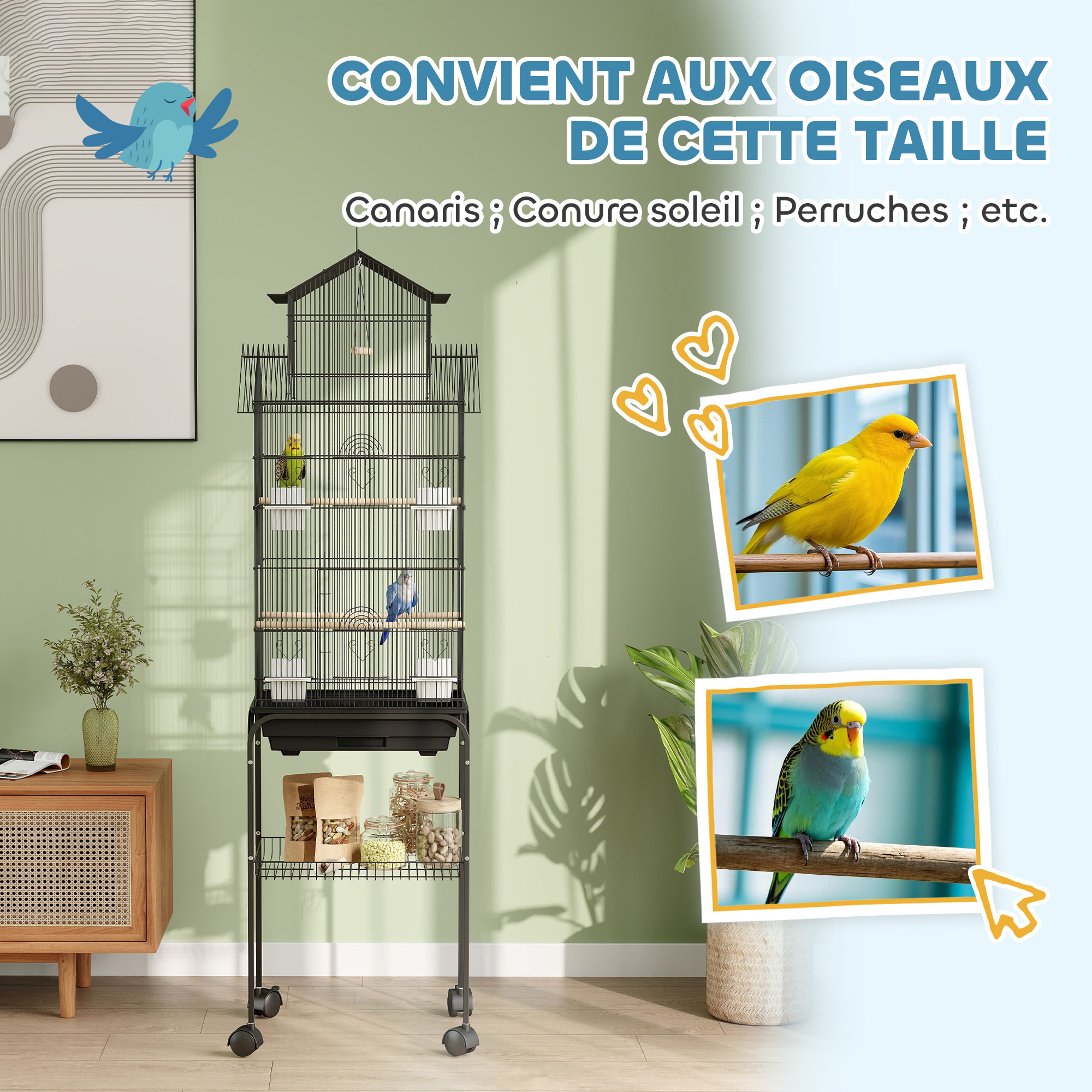 Cage à oiseaux design maison sur roulettes mangeoires perchoirs balançoire grande porte 8 trappes plateau déjection