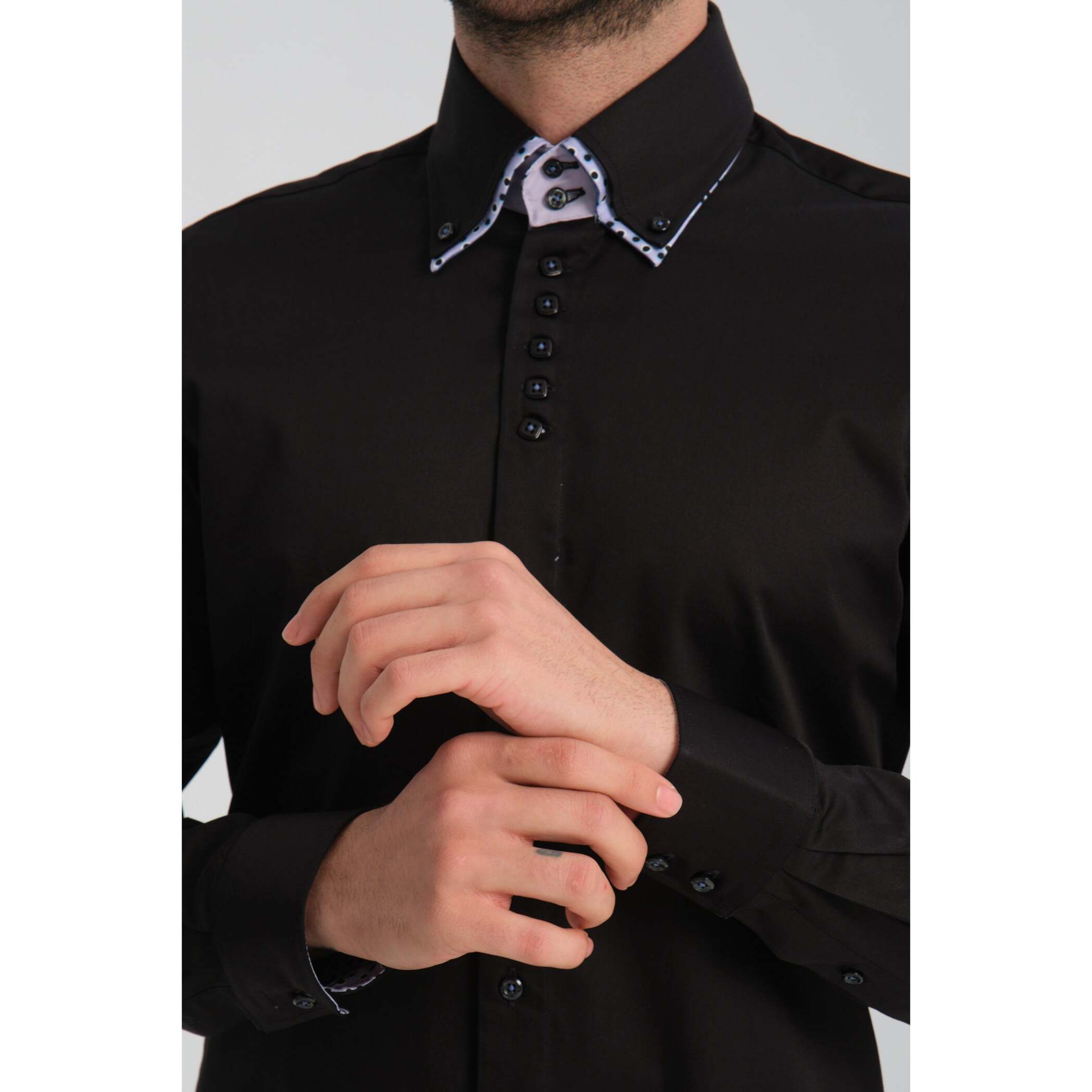 Camicia Uomo 2 Bottoni Button Down 7bottoni Doppio Coll Satin Unito Nero