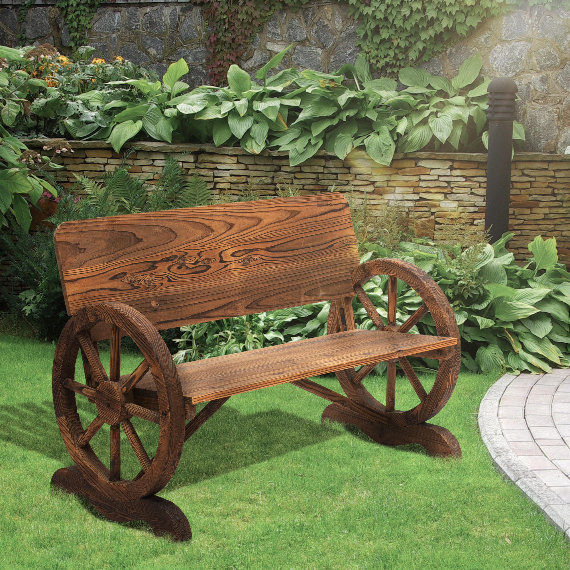 Banco de Jardín de Madera Banco de Exterior con Reposabrazos y 2 Ruedas Decorativas Estilo Rústico Carga 250 kg para Patio Terraza 114x58x80 cm Carbonizado