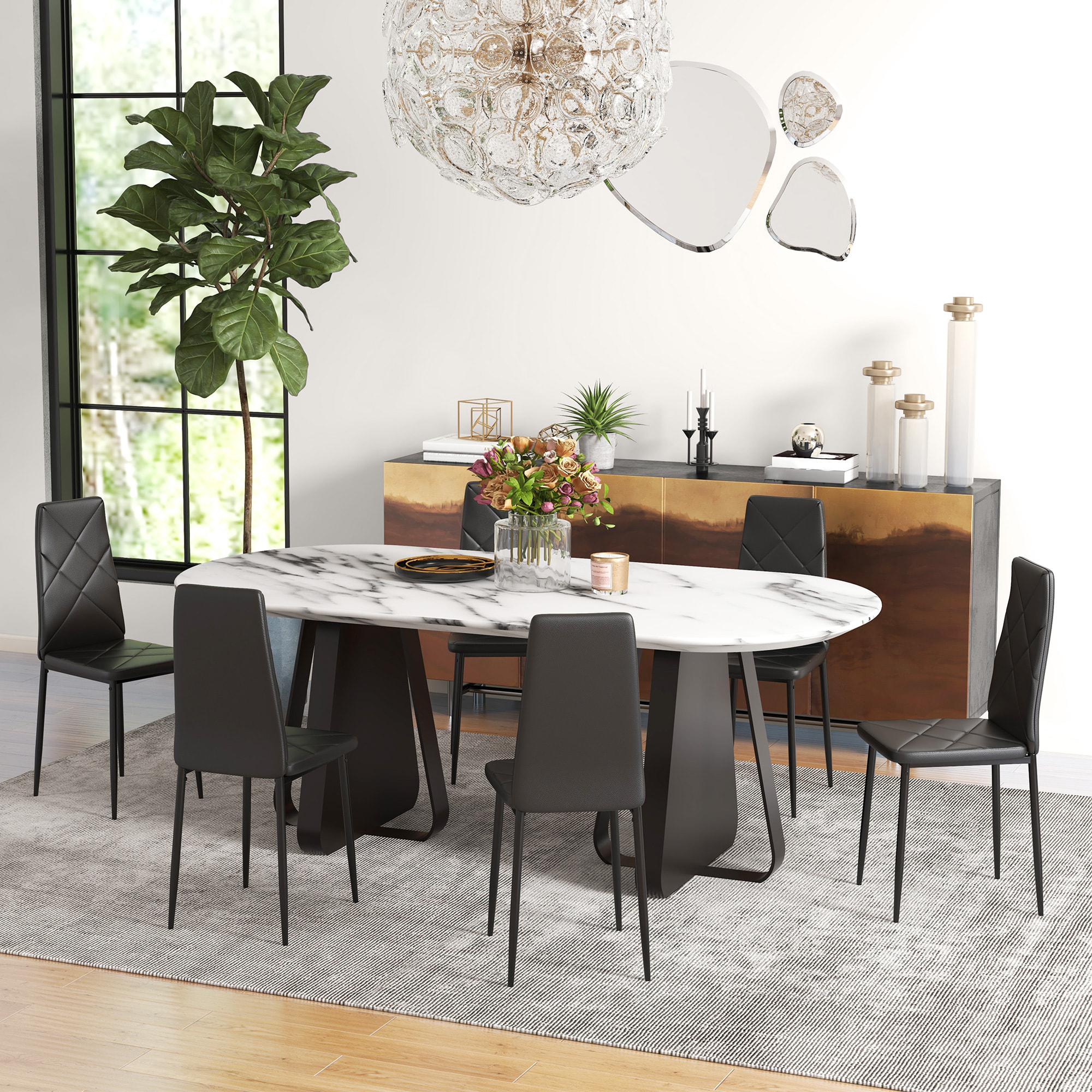 Pack de 6 Sillas de Comedor, Sillas de Cocina Modernas, Tapizadas de Cuero Sintético, Respaldo Alto, Asiento Acolchado, Patas de Acero, Negro