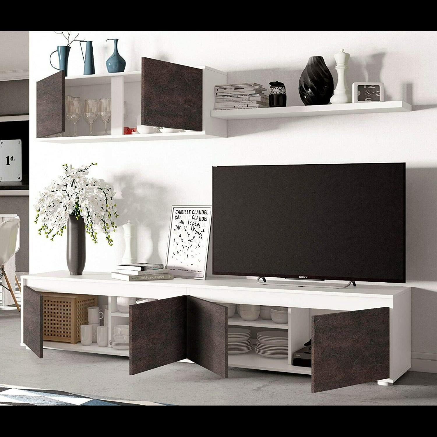 Parete Attrezzata Mobile Mobile Soggiorno TV con Mensola e Modulo Sospeso Salotto Legno Base Televisione Sala da Pranzo 200x41x43 cm Bianco E Ossido