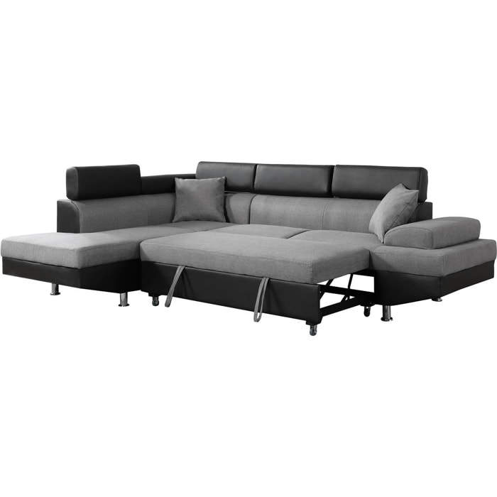 Canapé d'angle convertible "Sophia luxe" - 265 x 190.5 x 80/91 cm - Noir / Gris - 5 places - Angle gauche