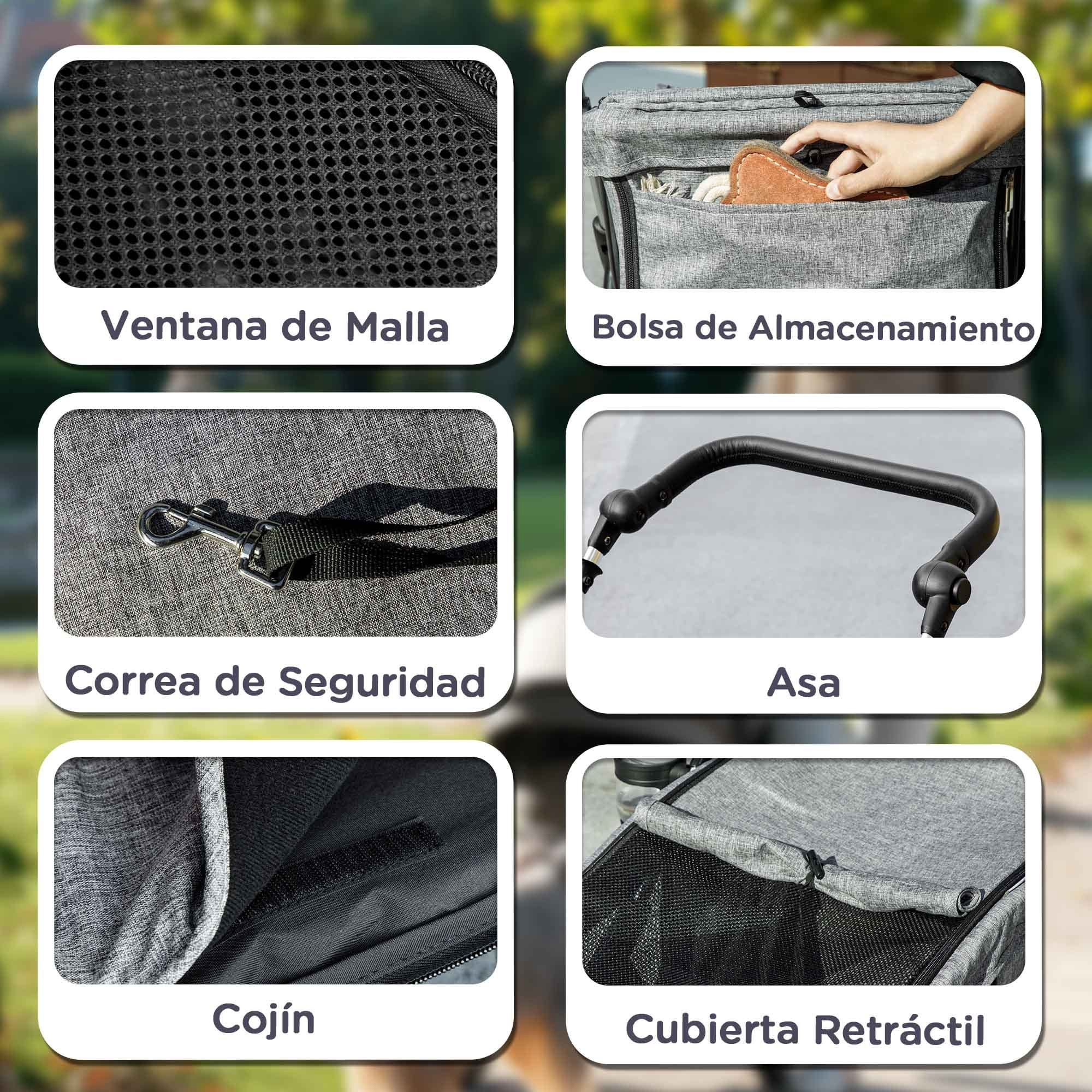 Carrito para Perros Plegable Cochecito para Perros Pequeños hasta 10 kg con Ruedas Universales Marco de Aluminio Correa de Seguridad Cojín Lavable y Ventanas 80x48,5x106 cm Gris