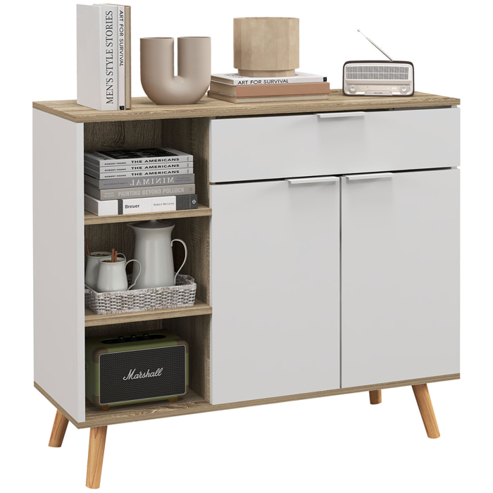 Buffet design scandinave - 2 portes, étagère, tiroir, 3 niches - piètement bois pin panneaux blanc aspect chêne clair