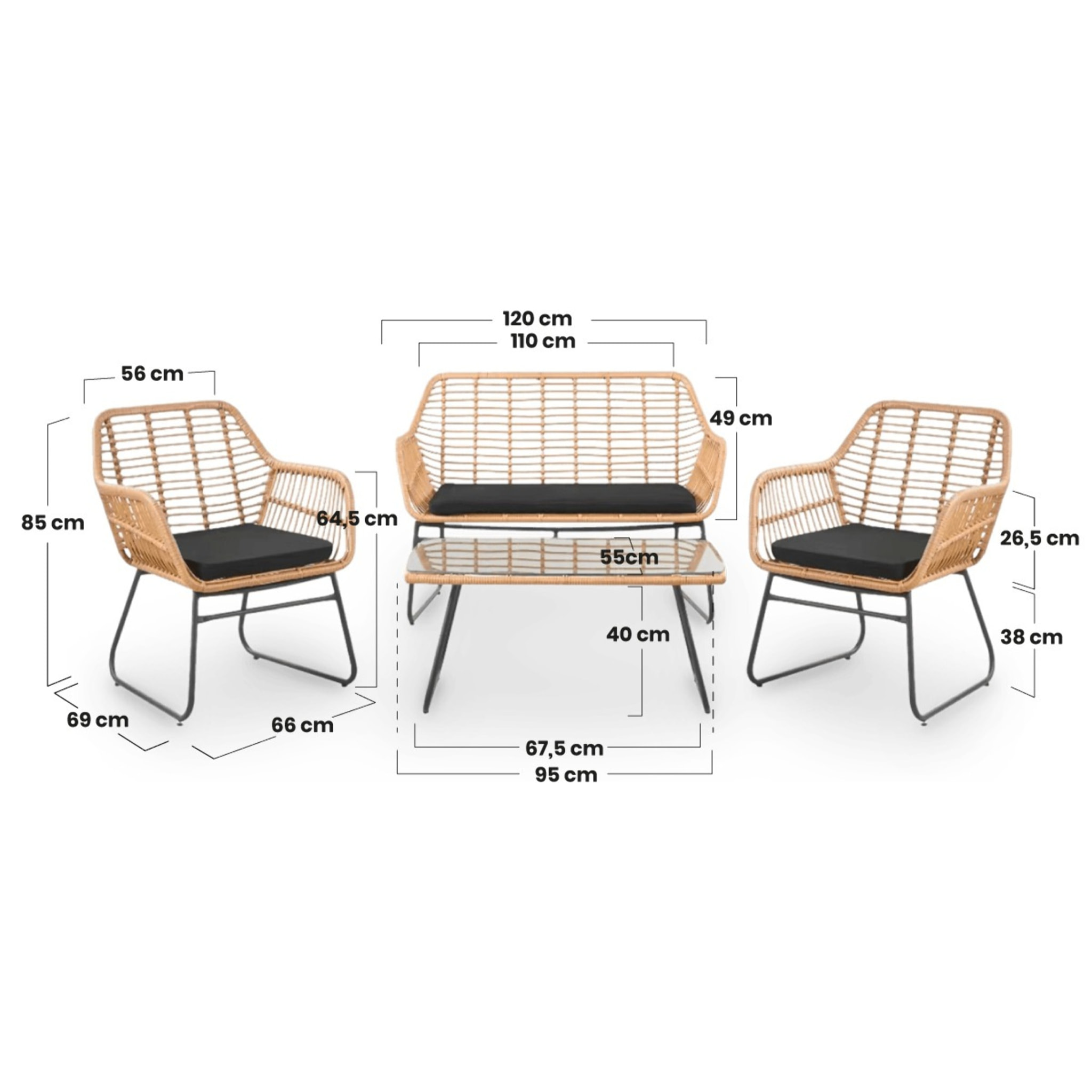 Conjunto de jardín 4 plazas, mesa centro+sofá+sillones de acero gris
