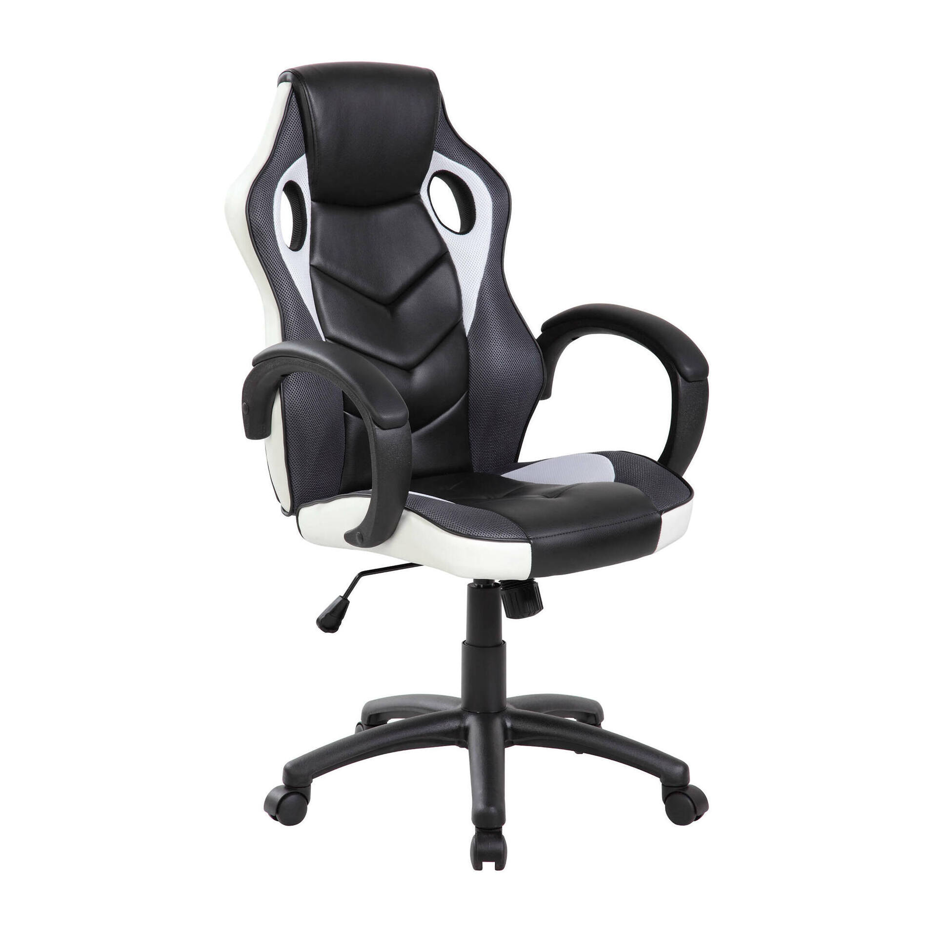 Sedia da gaming Caloundra, Poltrona da gaming adulto, Sedia da scrivania, 66x61h104/114 cm, Nero e Bianco