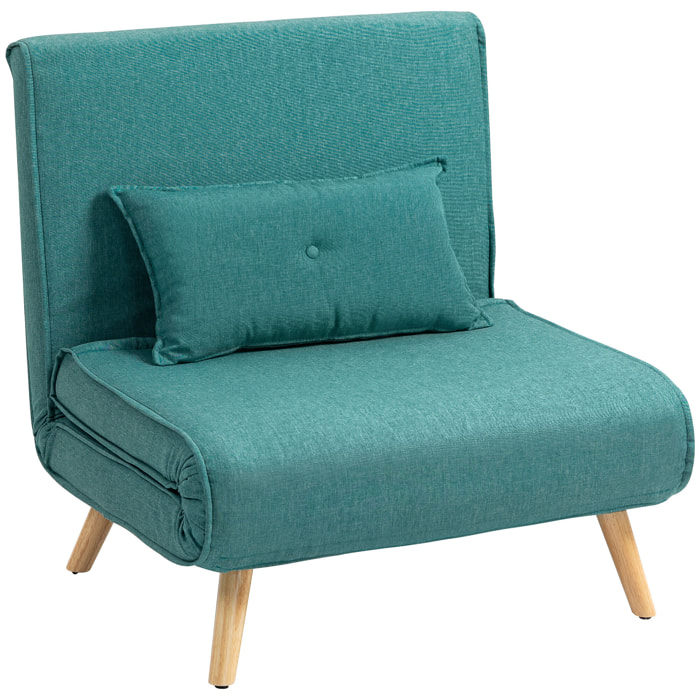 Fauteuil convertible style nordique - fauteuil lit chaise longue 3 en 1 - dossier inclinable - bois tissu turquoise
