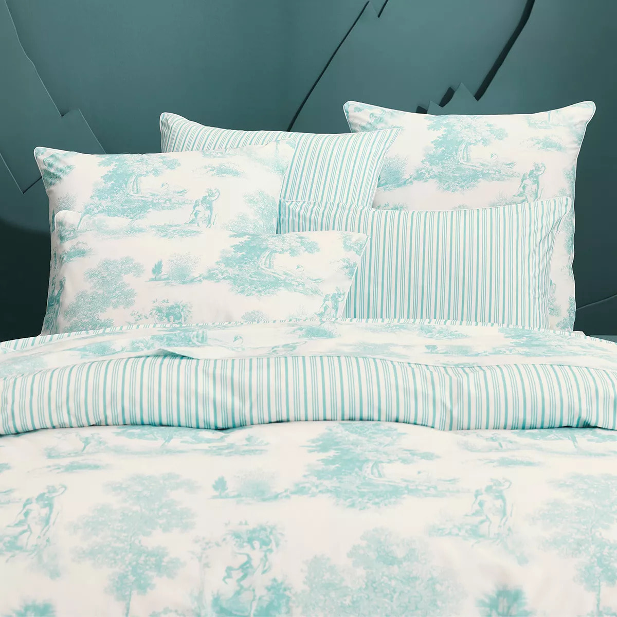 Housse de couette percale de coton imprimé bleu Poesie aqua