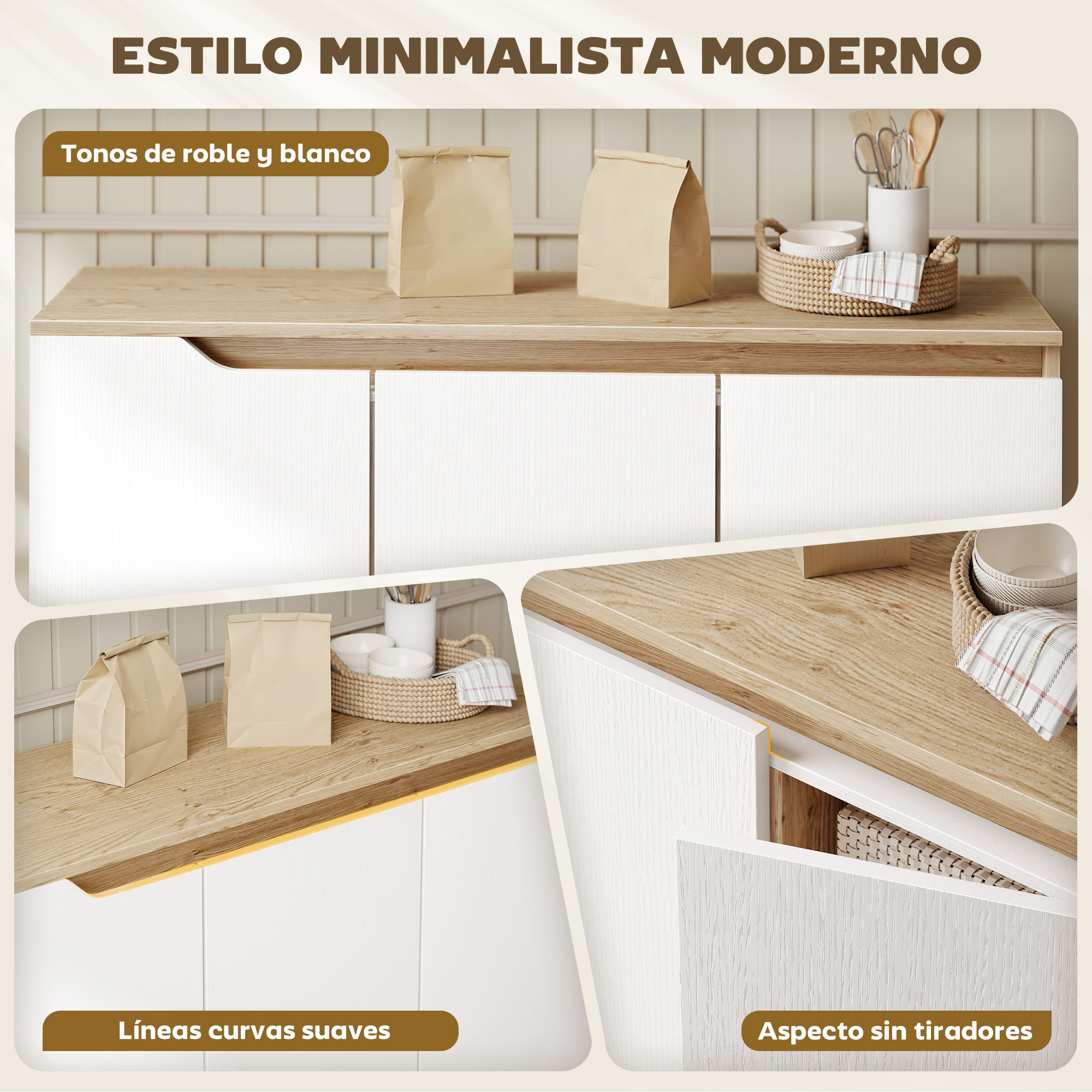 Aparador de 3 Puertas, Aparador de Salón con Estantes Ajustables, Patas de Madera, para Cocina, Entrada, Dormitorio, Roble y Blanco, 107x35x76,5 cm