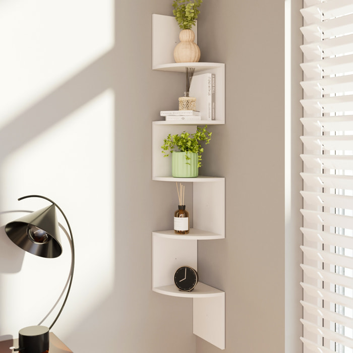 Libreria Angolare Scaffale 5 Ripiani Legno MDF Mensole Espositive da Parete Design Moderno Elegante Casa Soggiorno Salotto Studio 123x20x20 cm Bianco