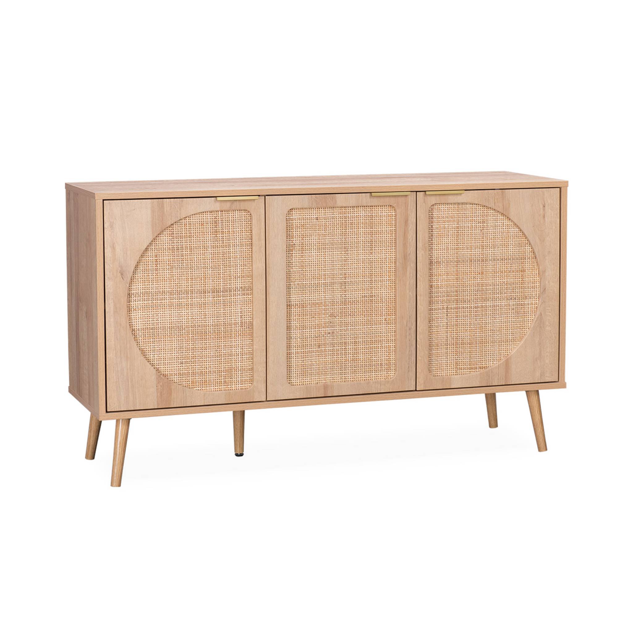 Buffet de rangement. Eva. cannage arrondis et décor bois. trois portes. deux niveaux . buffet bas. L 120 x l39 x H70cm