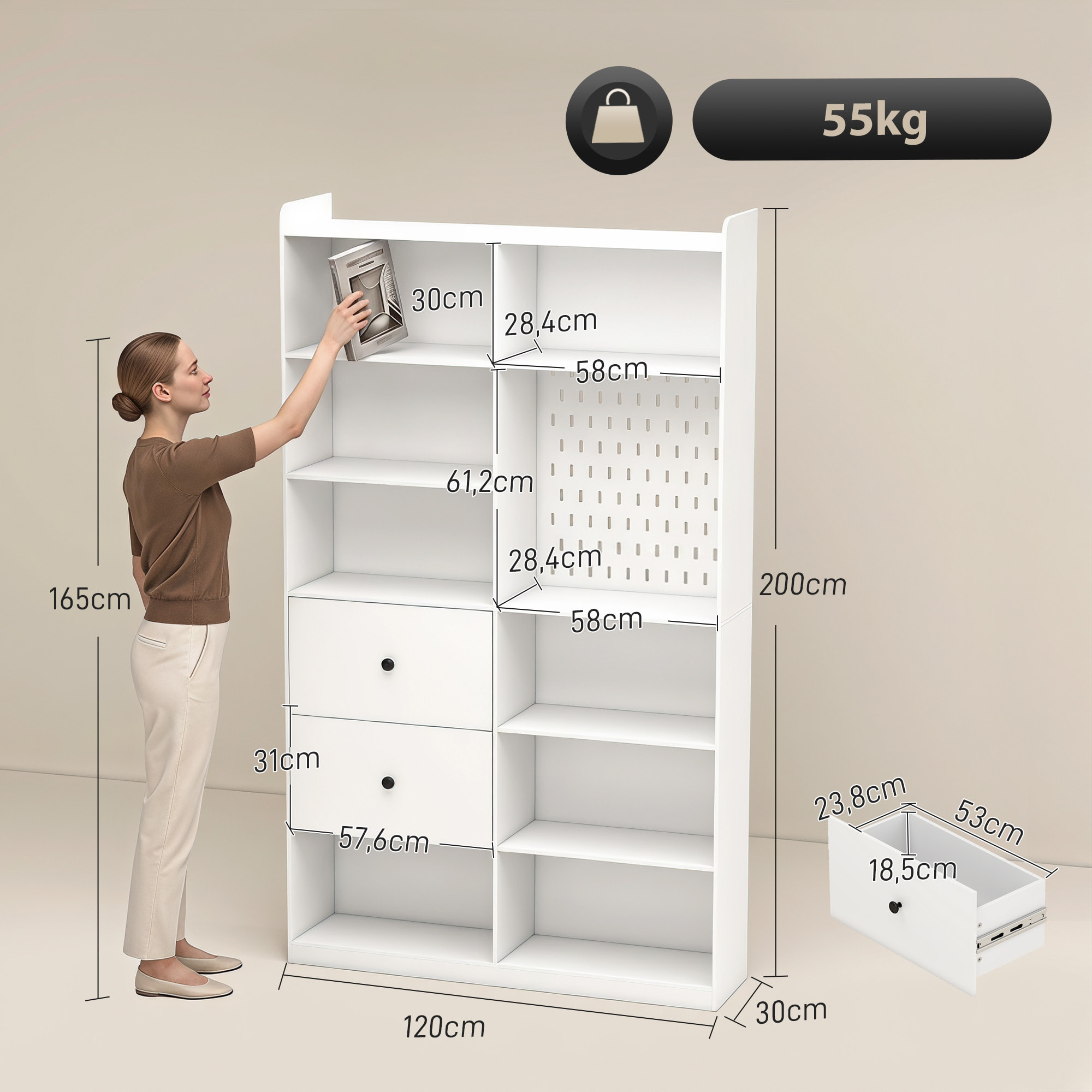 Estantería para Libros Alta y Estrecha, Librería de 6 Niveles con Panel Perforado, 2 Cajones, 8 Compartimentos Abiertos, Armario para Salón, Estudio, Oficina, 120x30x200 cm, Blanco