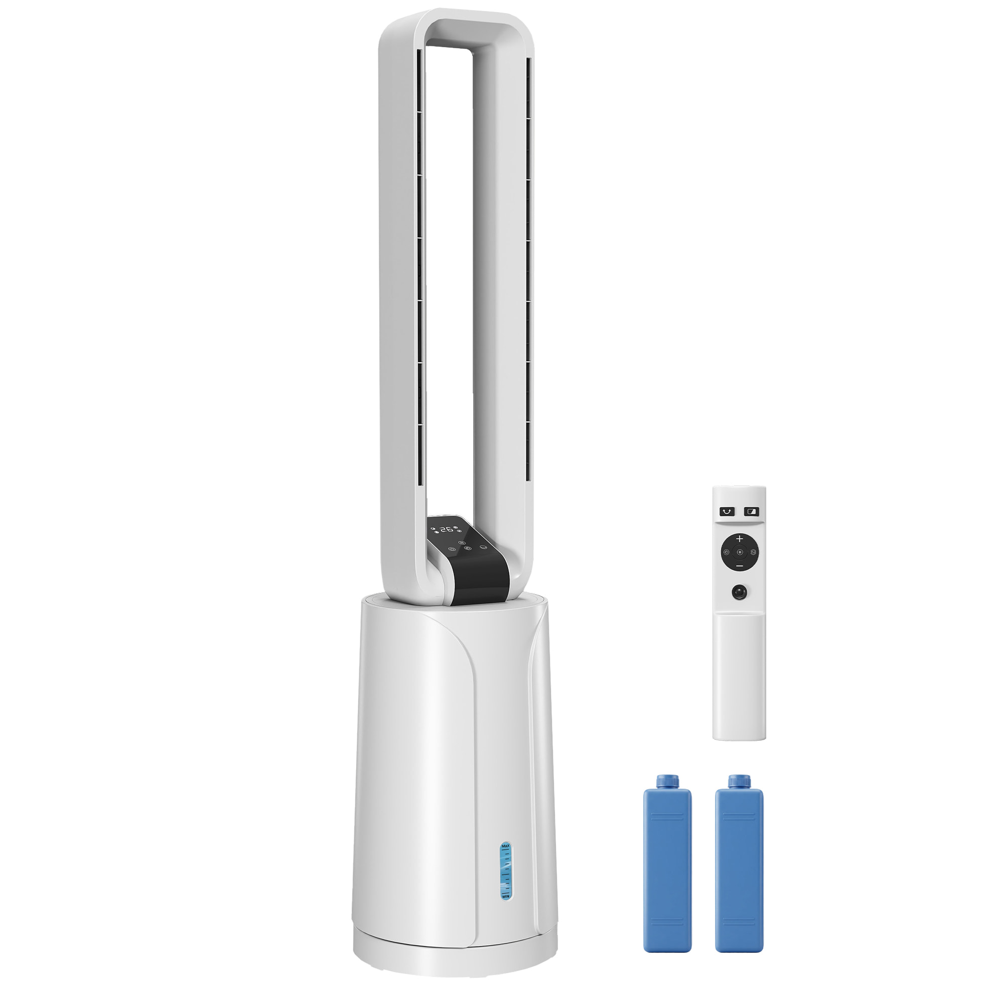 Climatizador Evaporativo 3 en 1 sin Aspas Enfriador de Aire 90 W Depósito de 1,7L Temporizador hasta 15H 3 Velocidades 4 Modos Oscilación 70° Mando a Distancia Cajas de Hielo para Hogar Blanco