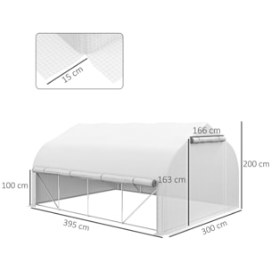 Invernadero de Túnel 4x3x2 m Invernadero de Jardín con Puerta de Malla y 8 Ventanas Invernadero de Huerto con Techo Puntiagudo Persianas y Enrollables para Cultivos Plantas Verduras Blanco