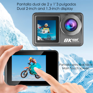 Camera Sportiva M86 TR 8k 15fps con 50 mpx, doppio schermo da 2" e 1.3" con una moltitudine di accessori sportivi e WIFI.