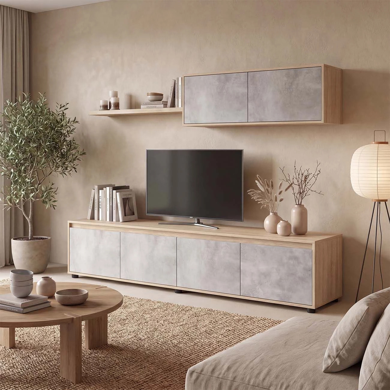 Salón con mueble de TV y estantería en roble canadian y gris cemento 200 cm Arlet Roble Canadian - Gris Cemento