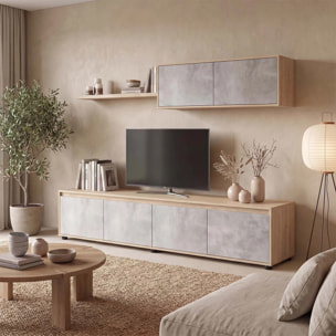 Salón con mueble de TV y estantería en roble canadian y gris cemento 200 cm Arlet Roble Canadian - Gris Cemento