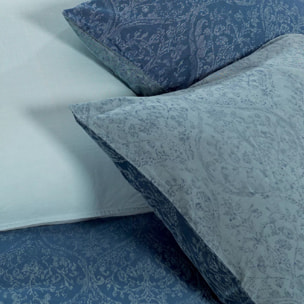 Taie d'oreiller satin de coton lavé motif jacquard bleu Baroque poseidon