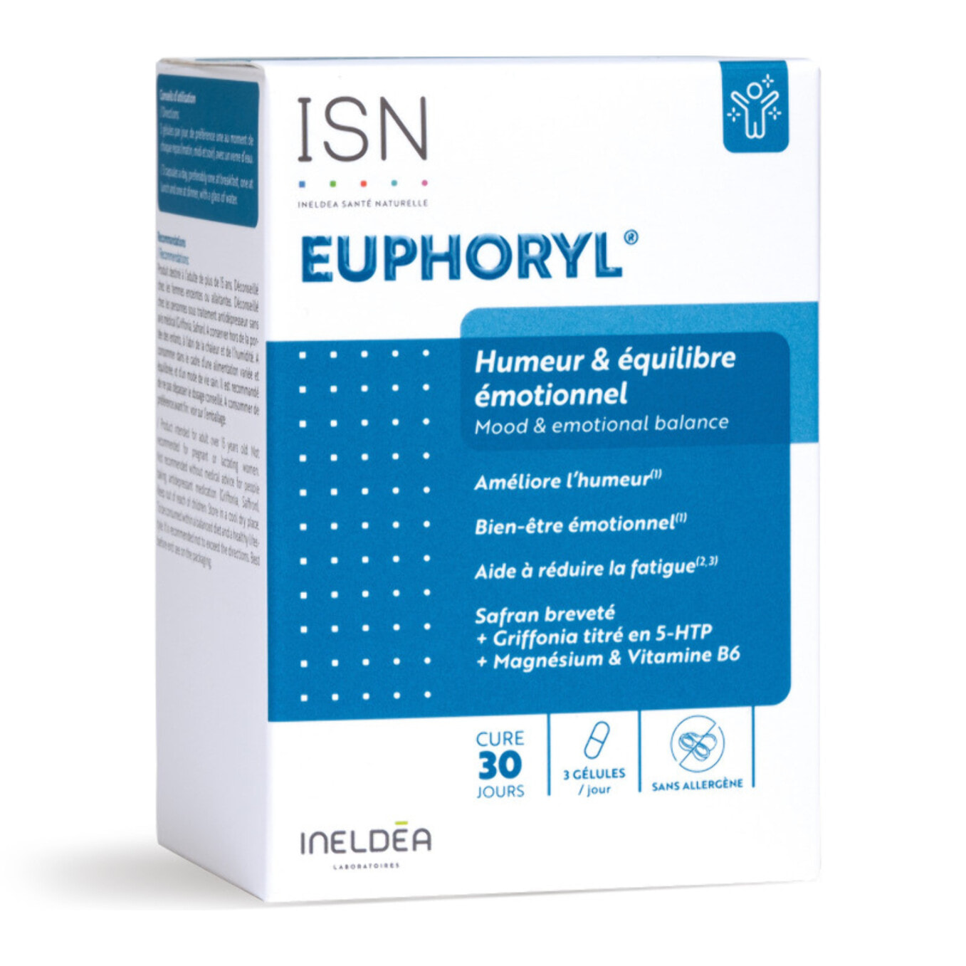 ISN - Euphoryl - Complément alimentaire à base de Safran, Magnésium Marin et Vitamine B6 - Bon équilibre émotionnel - Vitalité - 90 gélules végétales - Cure 30 jours