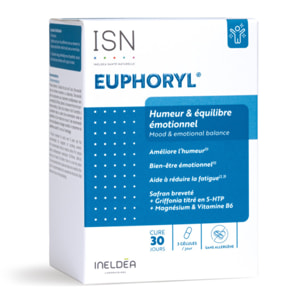 ISN - Euphoryl - Complément alimentaire à base de Safran, Magnésium Marin et Vitamine B6 - Bon équilibre émotionnel - Vitalité - 90 gélules végétales - Cure 30 jours