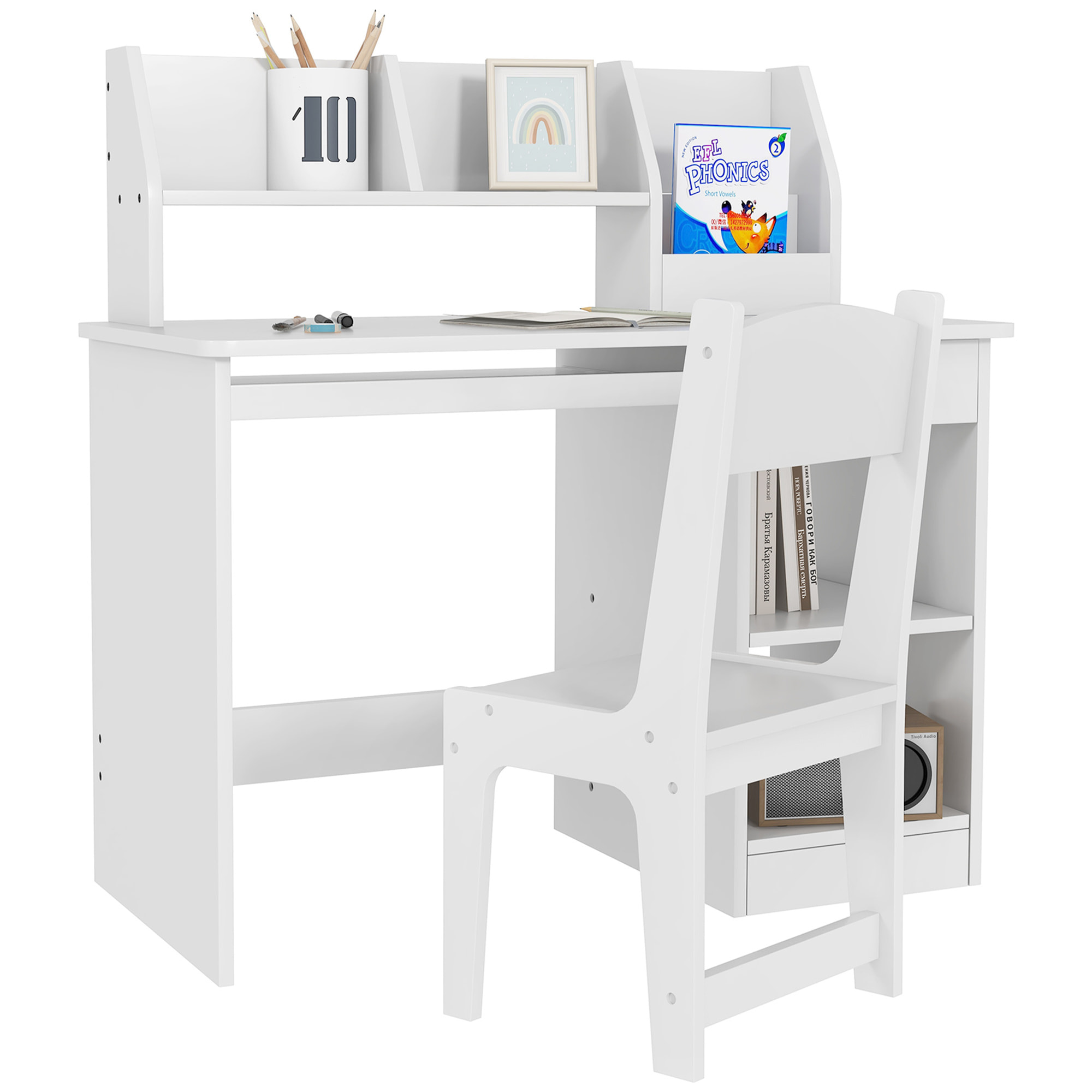 Juego de Escritorio y Silla para Niños de +5 Años Pupitre Infantil con 2 Cajones y Compartimento para Dormitorio Sala Estudio Blanco