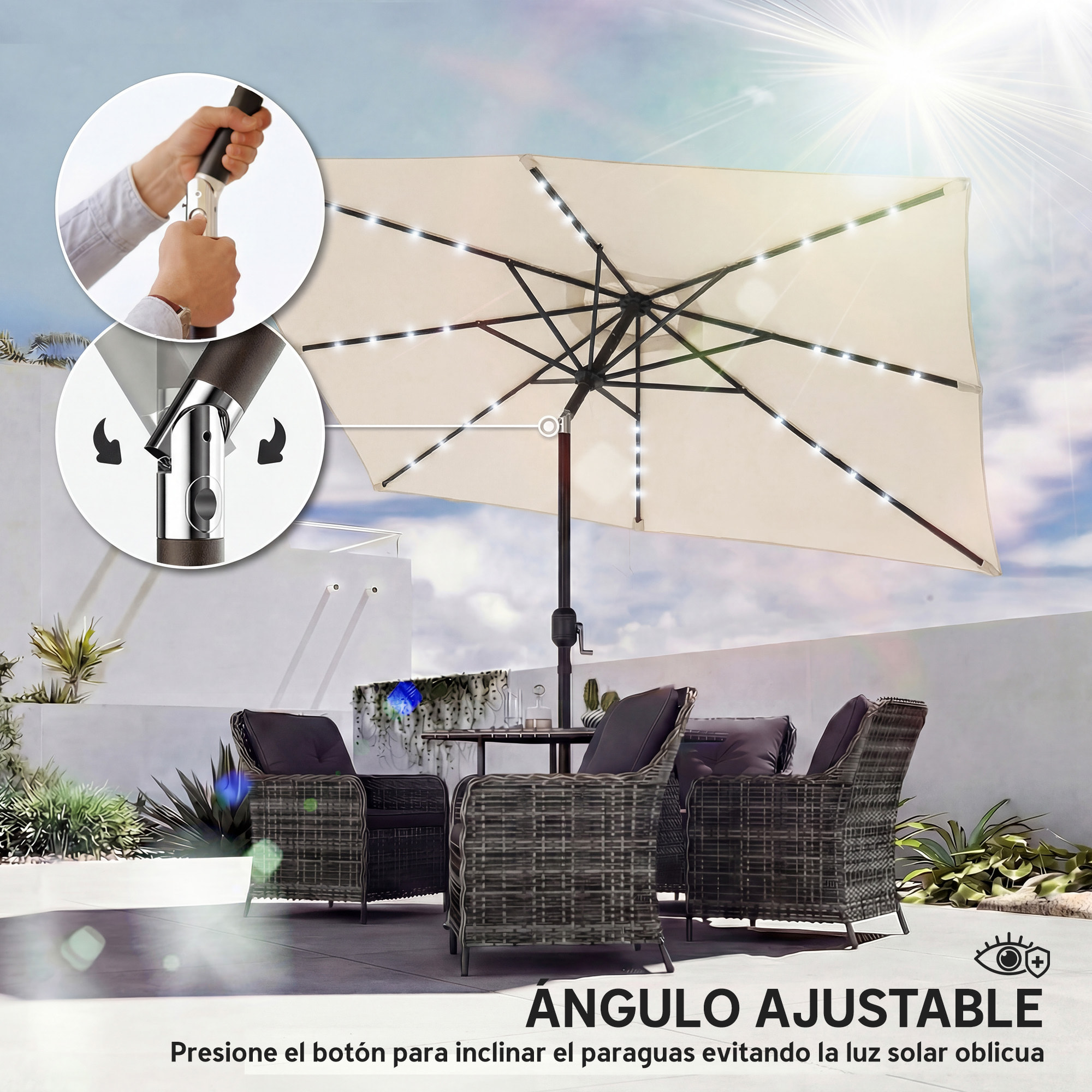 Sombrilla Terraza Exterior, 2,9x2,5 m, Sombrilla de Jardín con 24 Luces LED Solares, Dosel Inclinable, Poste Metálico, Parasol para Patio, Terraza, Crema