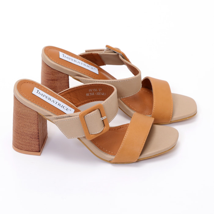 Sandali in simil pelle con tacco alto in sughero e fascia con fibbia