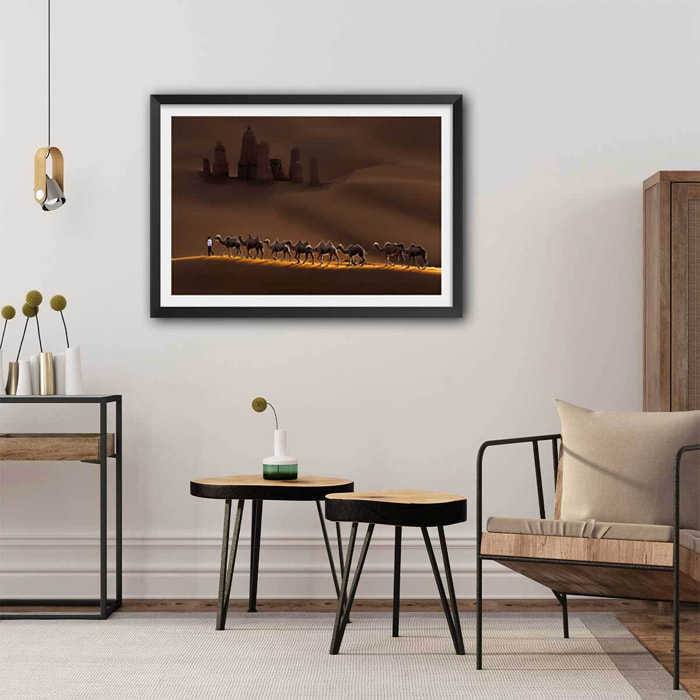 Affiche desert du Kumtag Affiche + cadre en bois - Noir