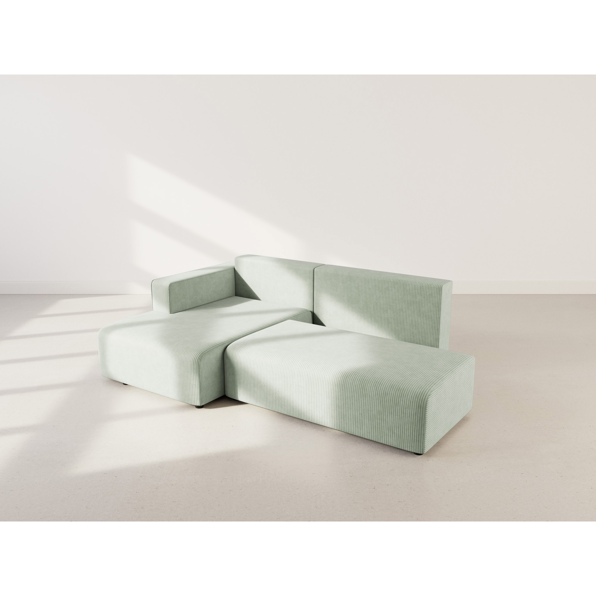 Topaze - canapé d'angle gauche 4 places convertible avec coffre en velours côtelé - Vert sauge