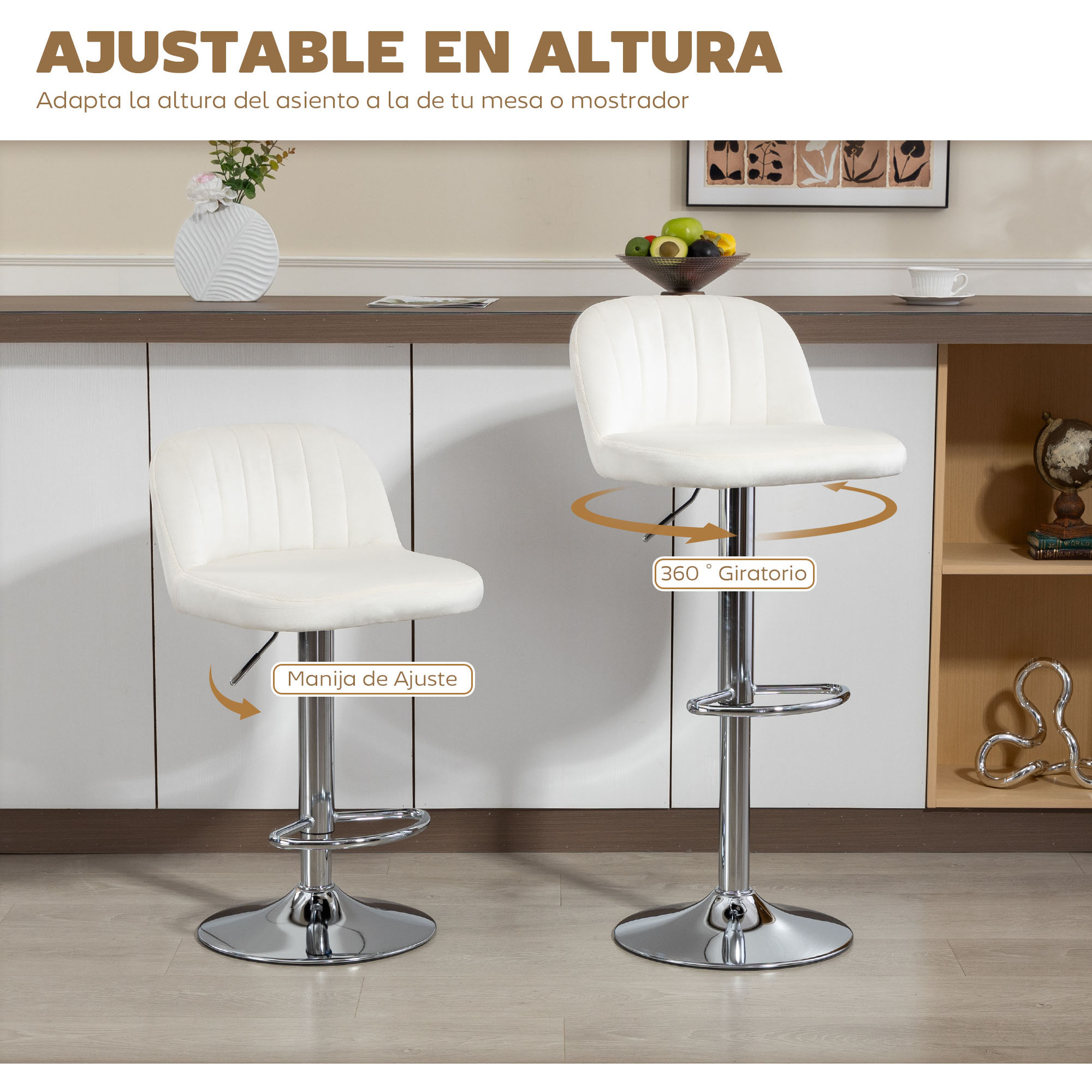 Juego de 2 Taburetes de Bar, Taburetes Altos de Cocina con Asiento Giratorio 81 cm de Altura, Respaldo y Reposapiés, Tapizados de Terciopelo, Fácil Montaje, Estilo Moderno, Crema