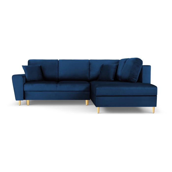 Canapé d'angle droit convertible avec coffre de rangement "Kyoto" 5 places en velours bleu roi