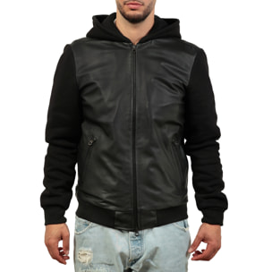Giubbino in vera pelle di vitello con maniche e cappuccio in felpa Nero-Slim Fit