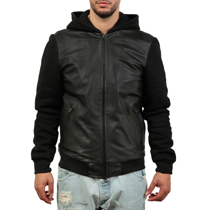Giubbino in vera pelle di vitello con maniche e cappuccio in felpa Nero-Slim Fit