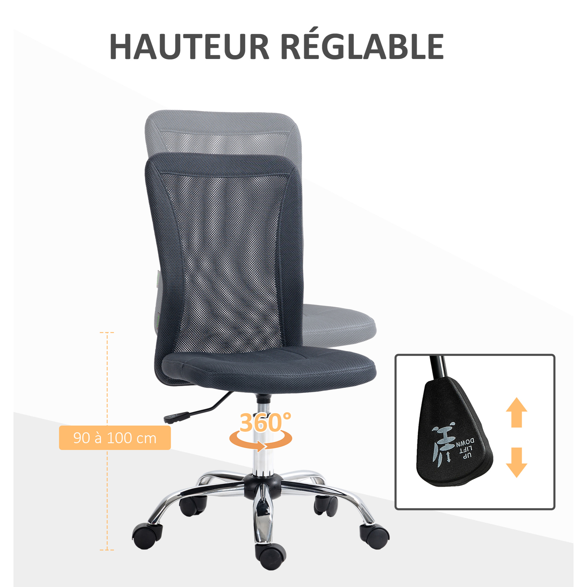 Chaise de bureau ergonomique hauteur réglable piètement chromé pivotant 360° revêtement gris foncé