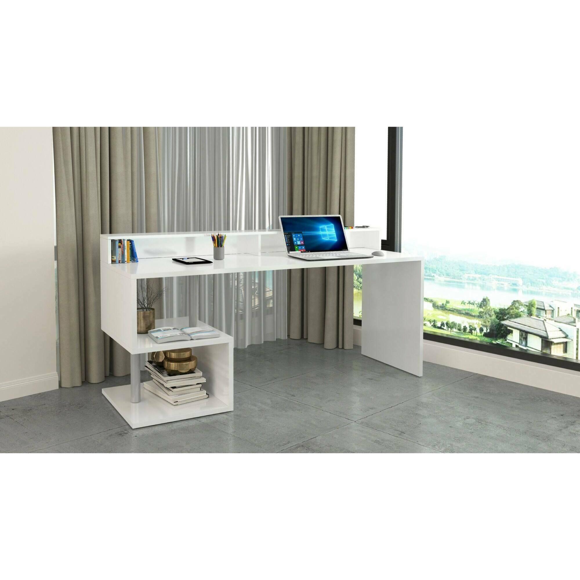 Scrivania Dcheddir, Scrittoio lineare con ripiani portaoggetti, Scrivania ufficio multiuso con sopralzo, 180x92,5h60 cm, Bianco