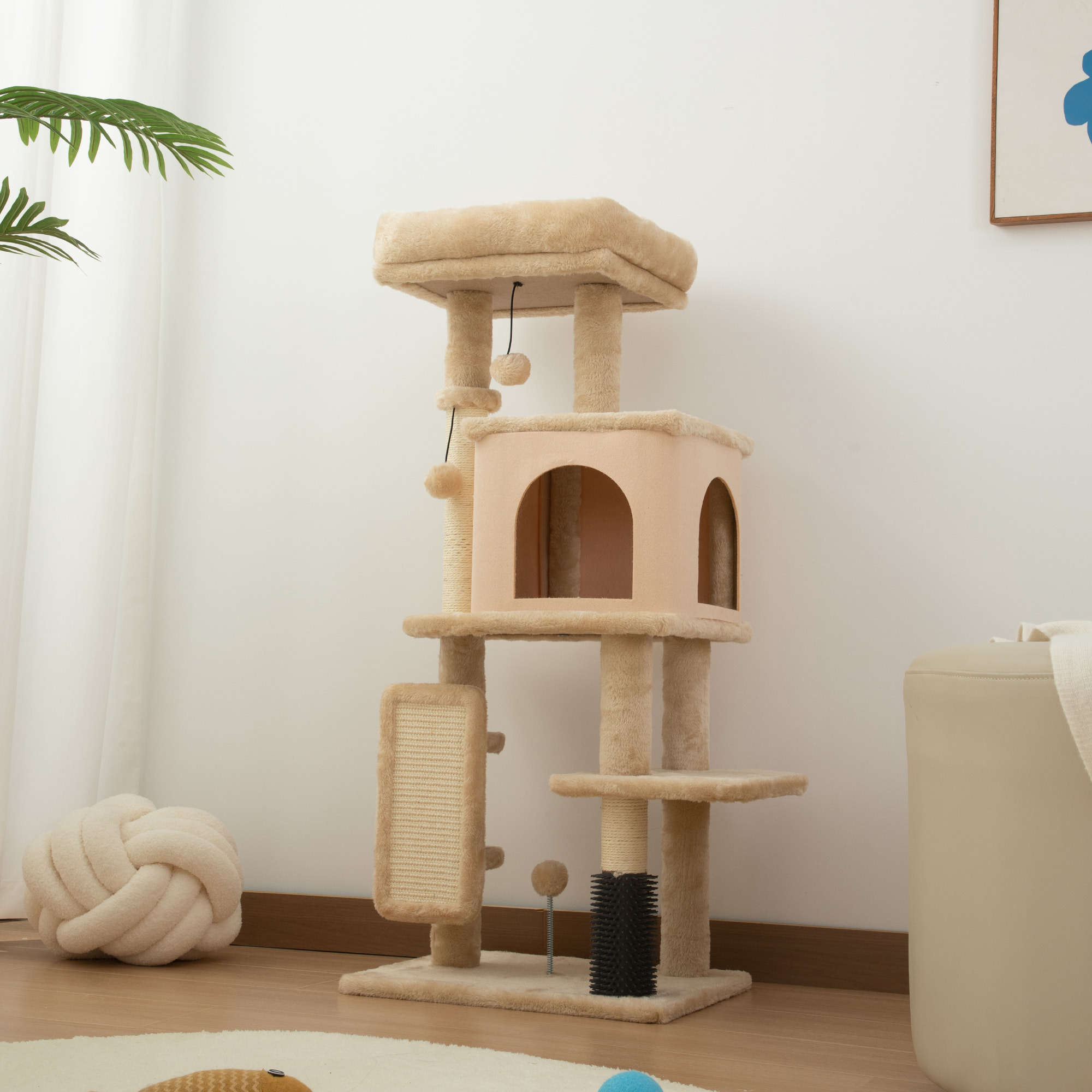 Arbre à chat H.104 cm - griffoir, grattoir, bande massante, jeux boules, niche, plateforme observation - beige