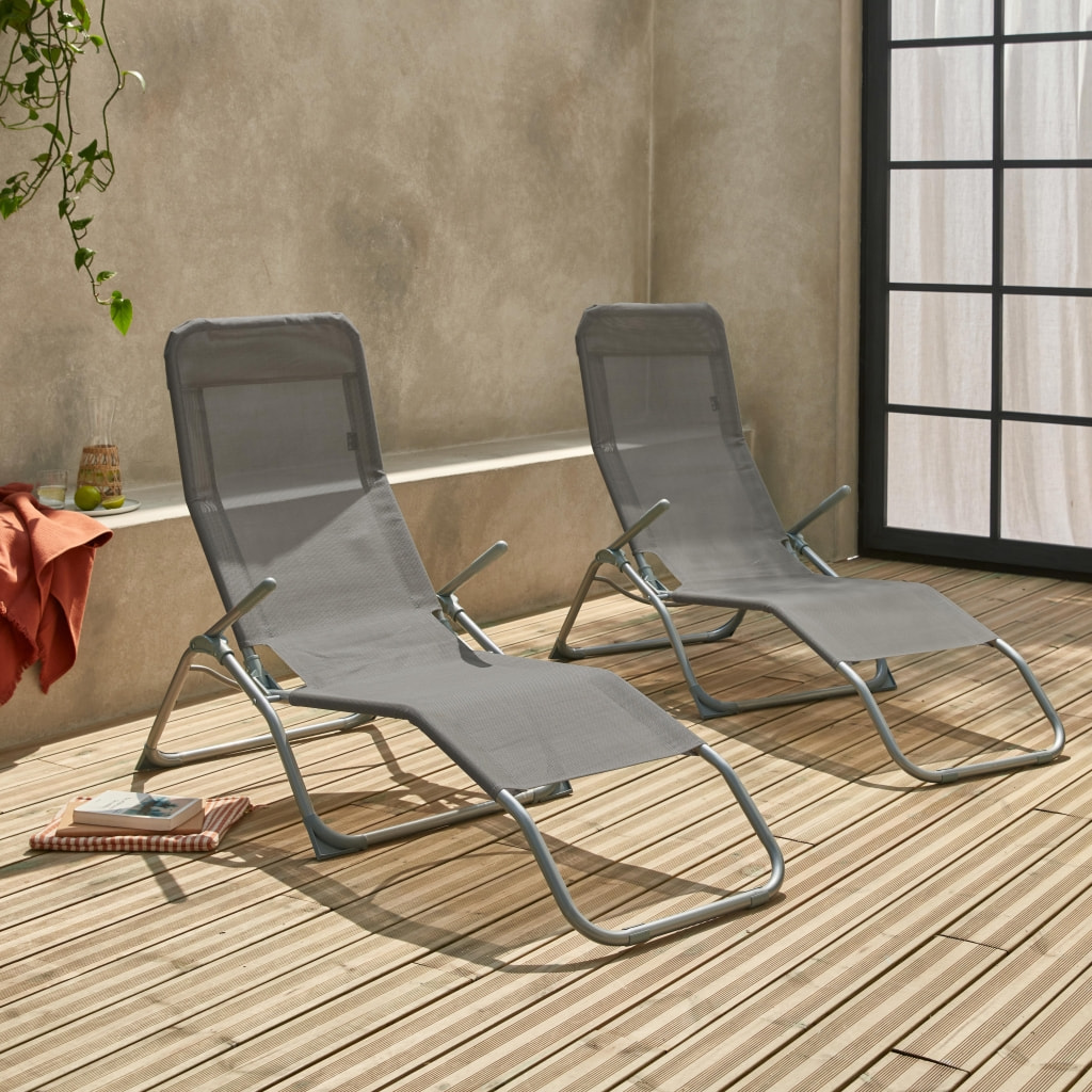 Lot de 2 bains de soleil pliants - Levito Gris Anthracite - Transats textilène 2 positions. chaises longues