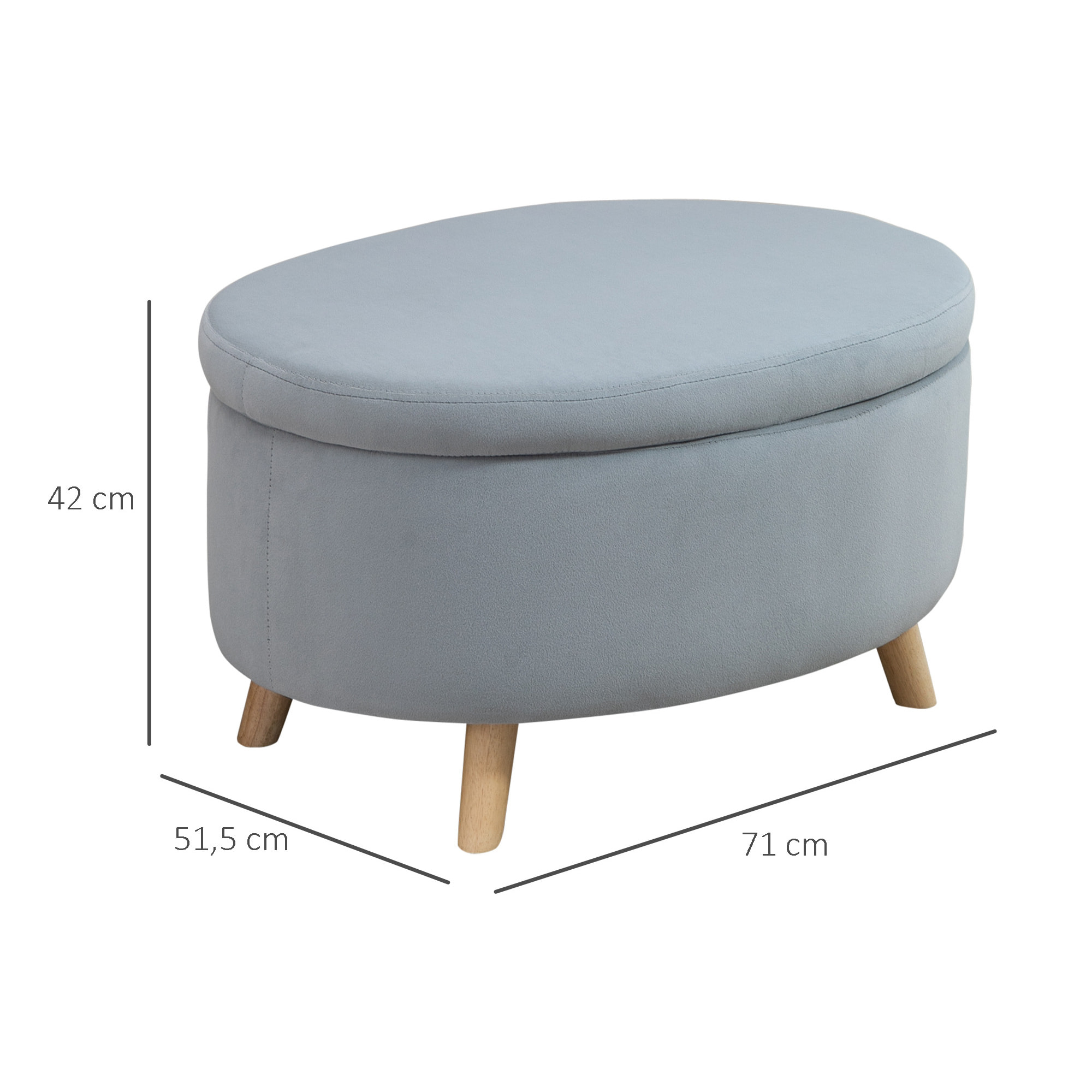 HOMCOM Otomano Puff Tapizado en Terciopelo Acolchado Taburete de Almacenaje Elíptico con Tapa Extraíble y Patas de Madera para Dormitorio Salón Pasillo 71x51,5x42 cm Gris