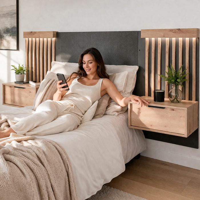 Set 2 Comodini Moderni Con Cassetto Comodino Camera Da Letto Design Salvaspazio In Laminato Resistente Florina 50 x 39,6 x 104 cm Rovere e Antracite