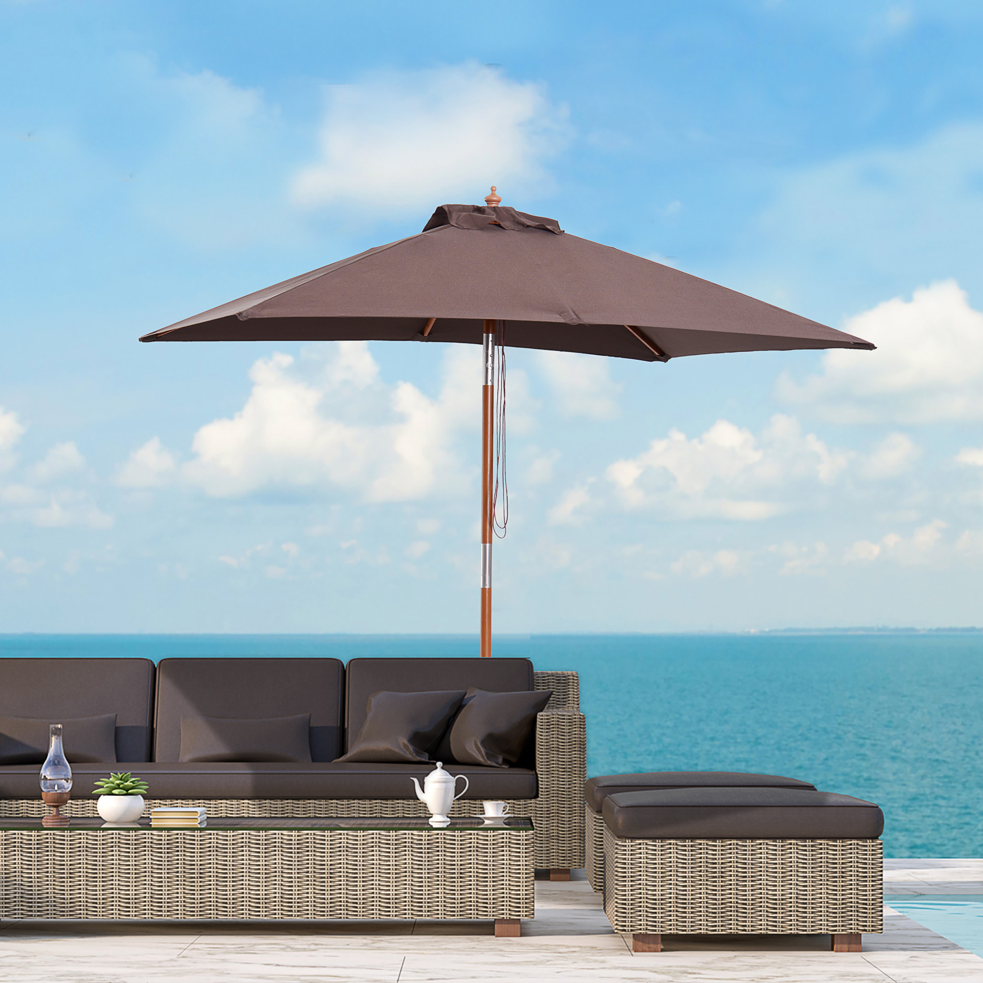 Sombrilla Terraza Exterior 200x150 cm Sombrilla de Jardín Rectangular con Ángulo Ajustable Mástil de Madera y Manivela Parasol para Patio Terraza Café