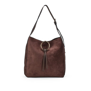 Bolso de hombro marrón en ante con argolla metálica